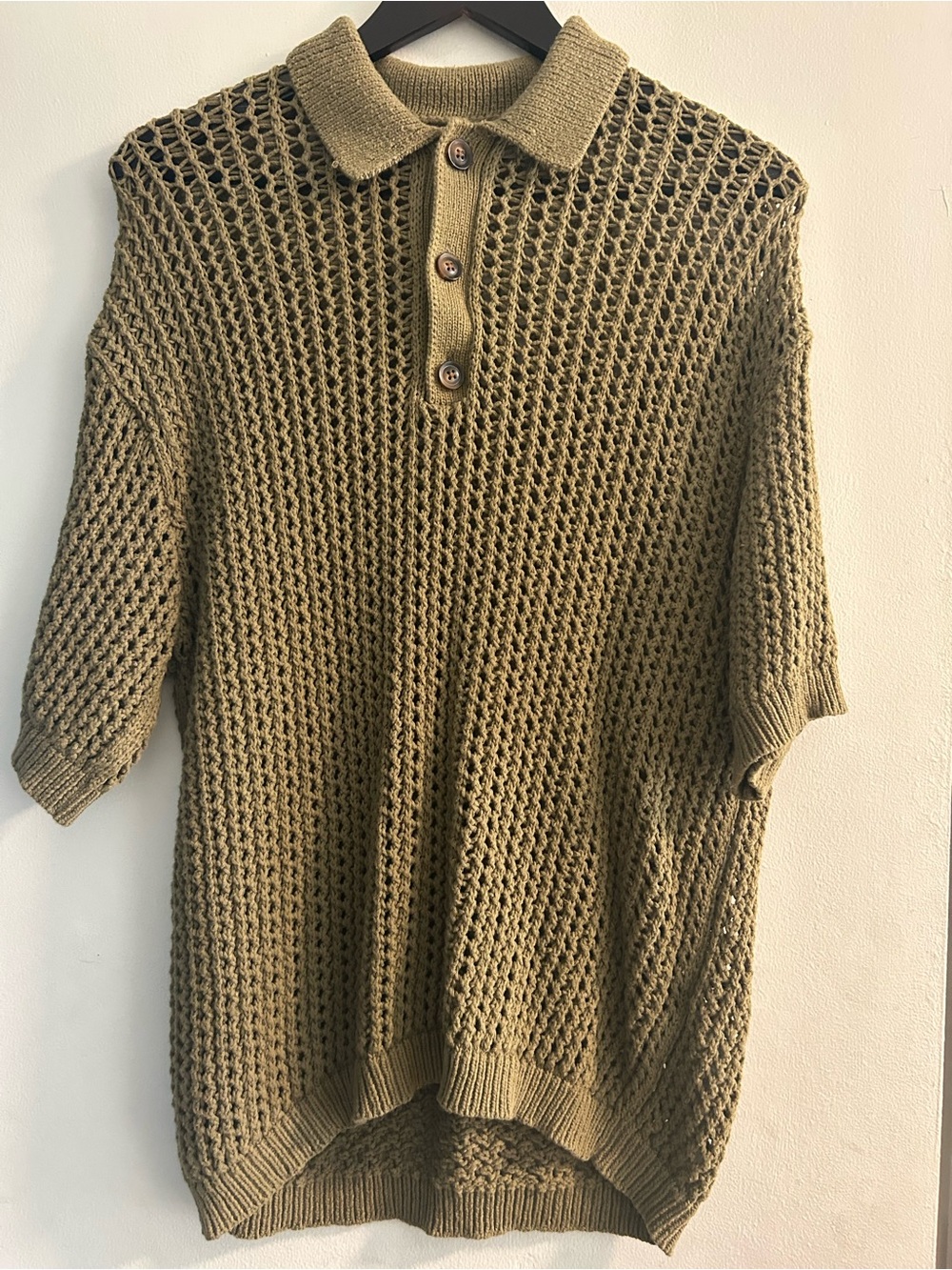 Topman Open Knit Olive Polo Sweater